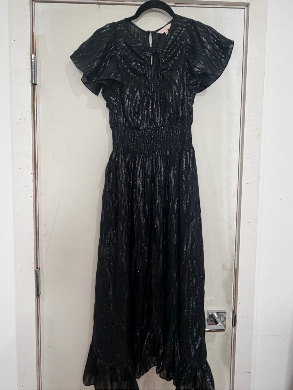 Rebecca Taylor Black Metallic Midi Dress with Flutter Sleeves